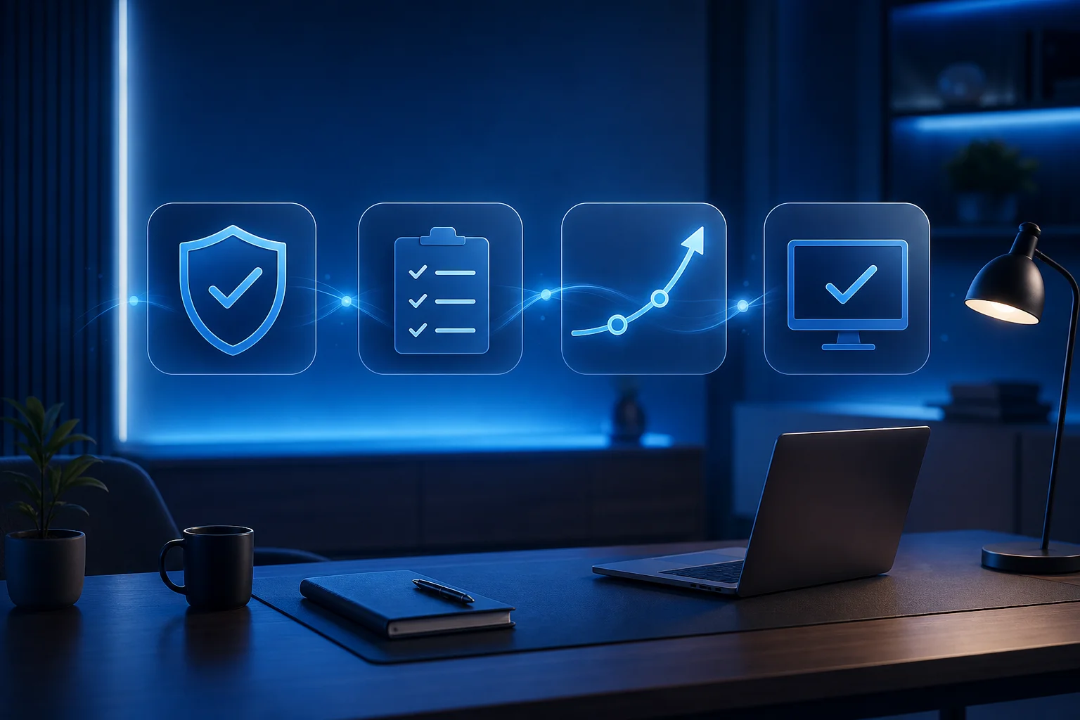 Closing trading workspace with abstract icons for rules, risk, payouts, and platform fit.