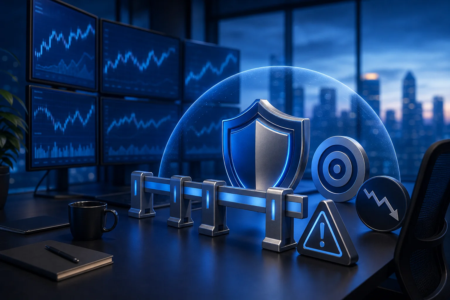 Trading workspace with abstract guardrails for futures evaluation rules.