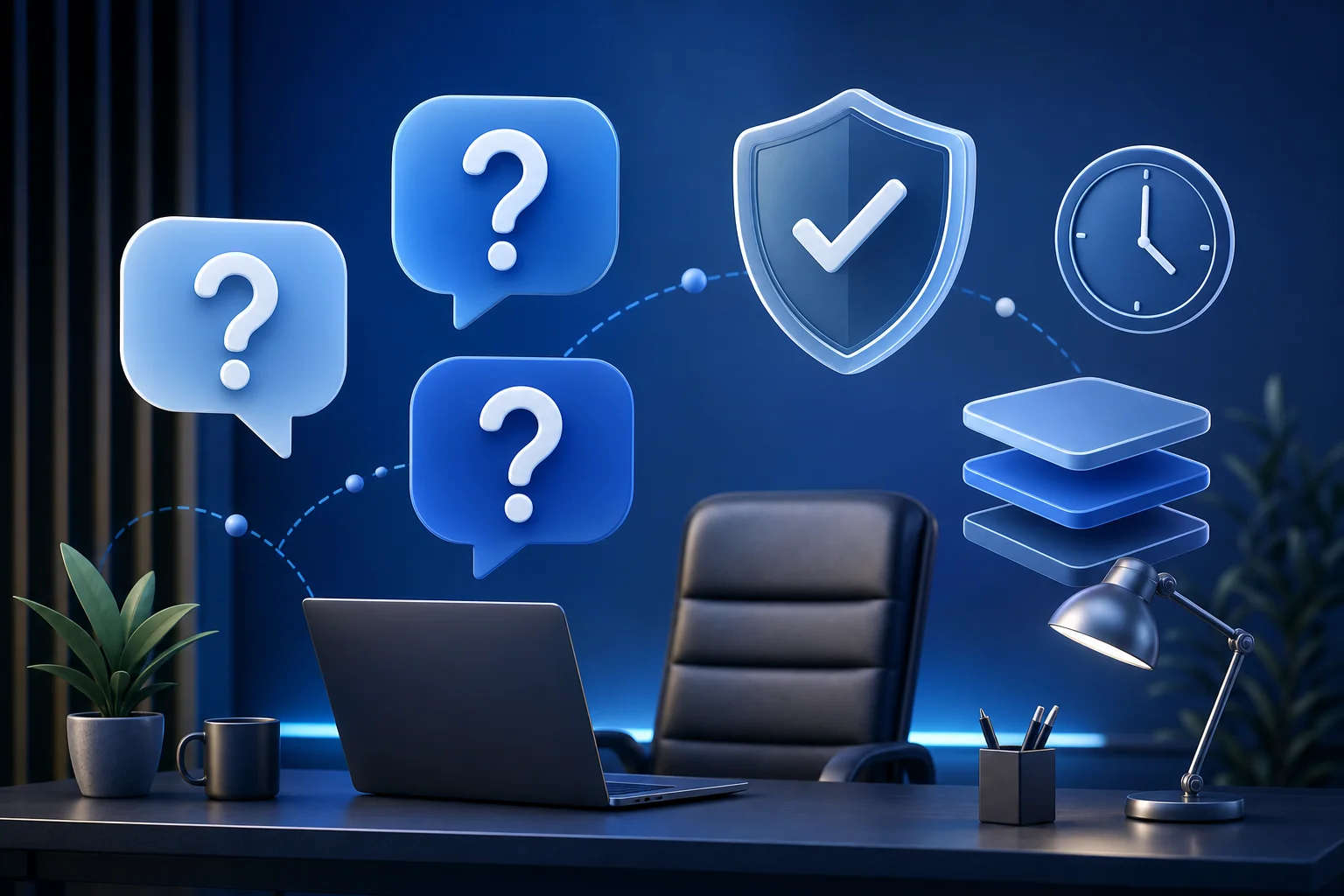 FAQ workspace with abstract question bubbles and risk control icons.
