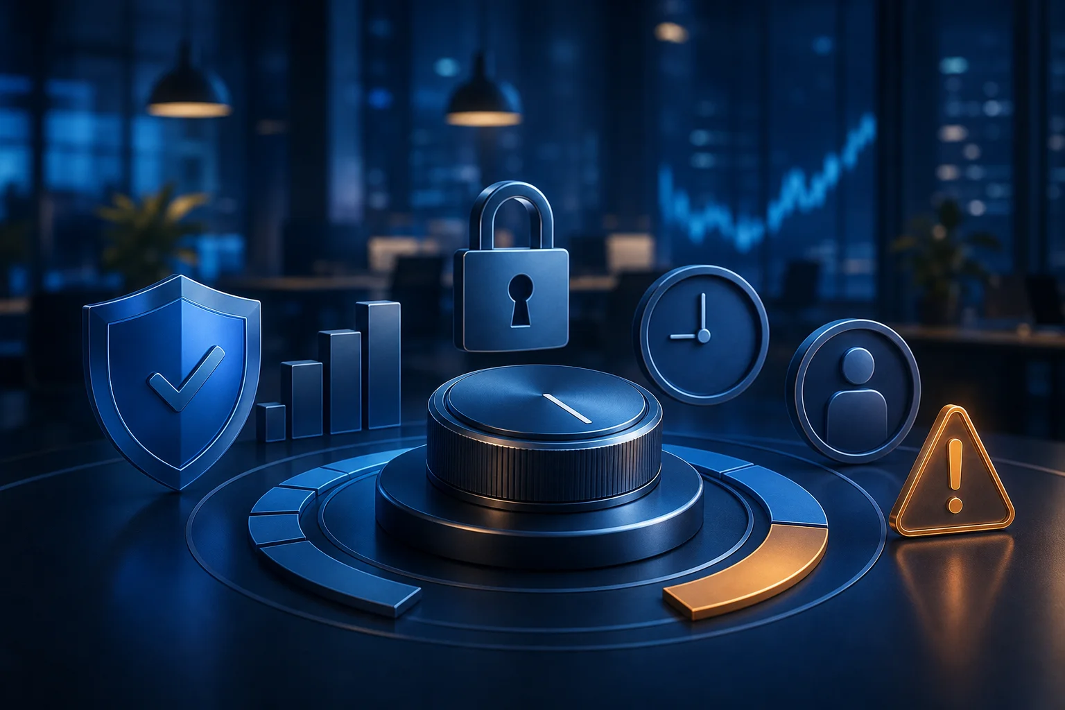 Funded trading workspace with abstract lock, shield, and timing controls.