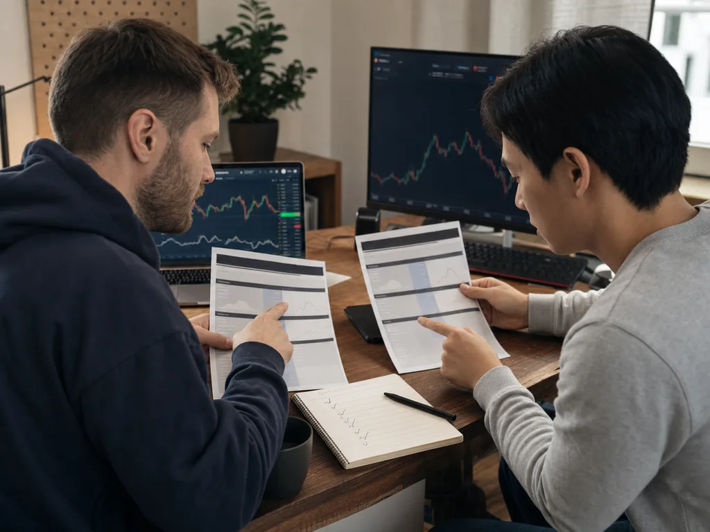 Two retail traders compare fast-funding prop firm rules at a trading desk