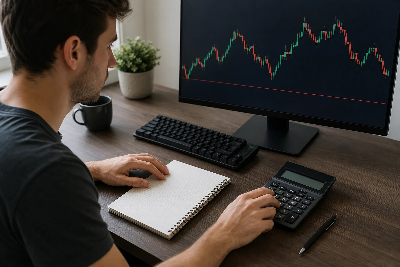 Trader calculating a daily loss allowance beside a blank notebook and chart
