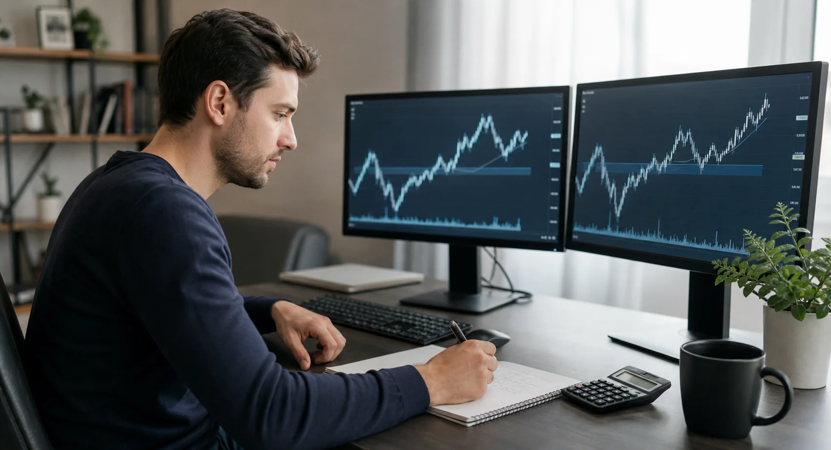 A futures trader compares index charts while checking contract-movement arithmetic in a notebook.