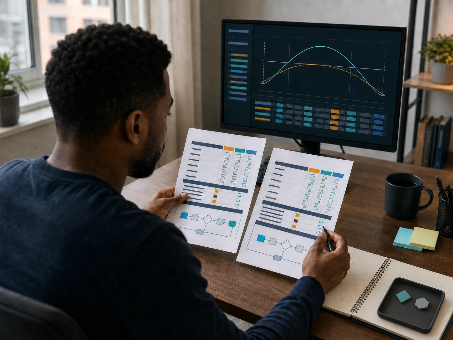 Trader comparing two nonverbal options prop firm rule sheets beside an unlabeled payoff curve