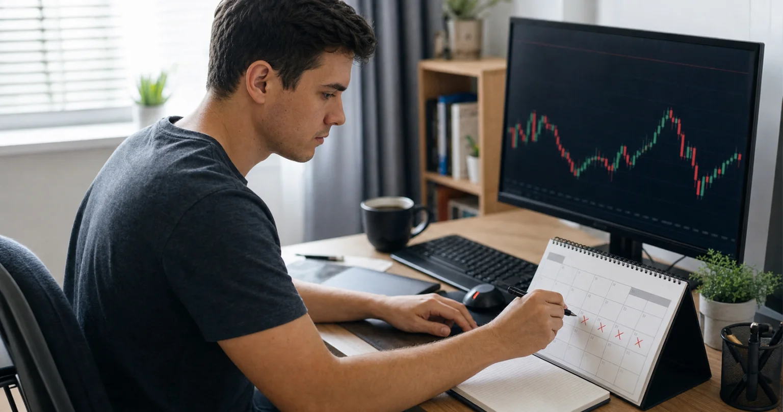 Trader marking separate evaluation days on a desk calendar beside a trading chart