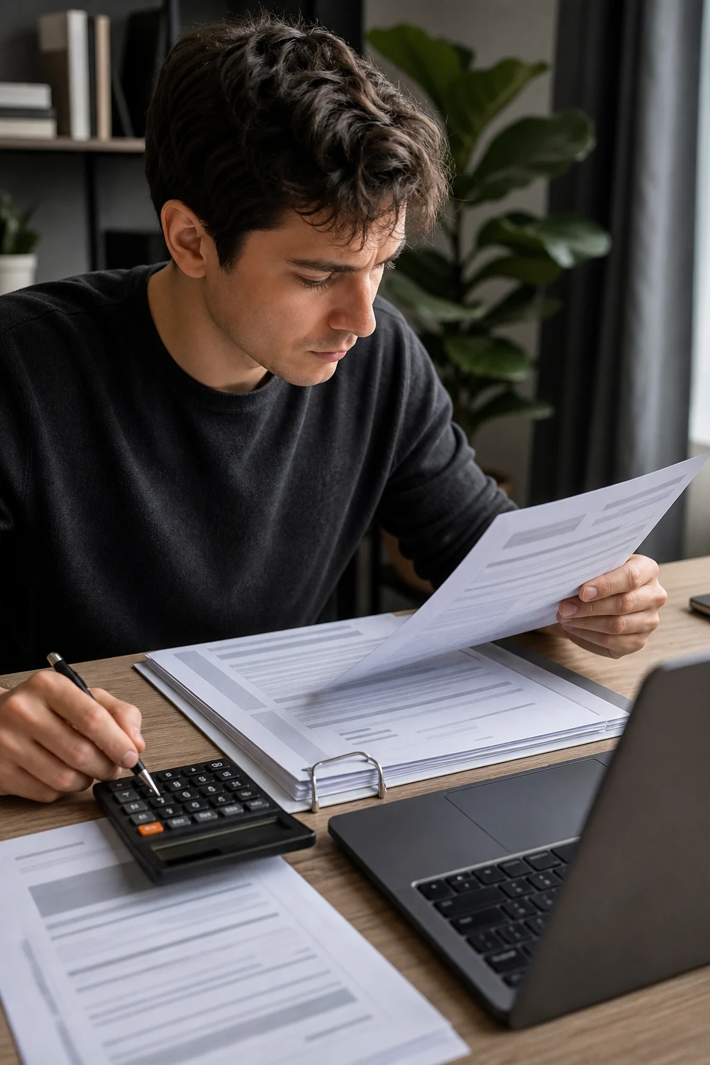 Trader cross-checking prop firm allocation terms with a calculator and laptop