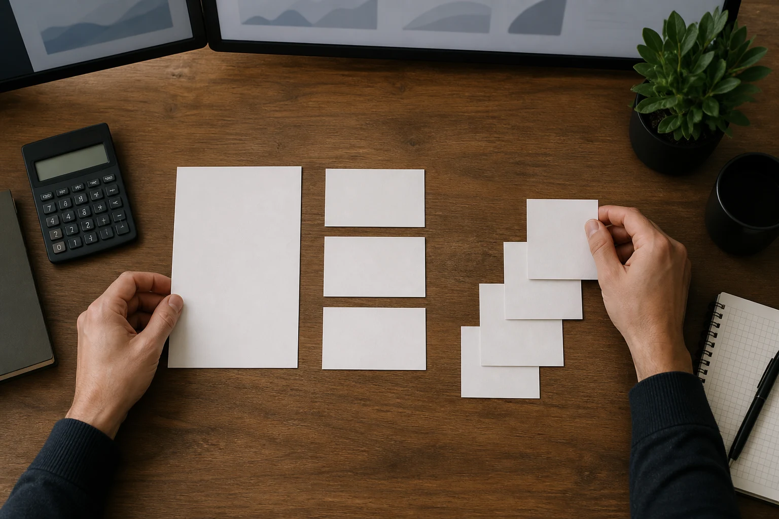 Trader arranging grouped blank cards to compare single, combined, and scaled account allocation