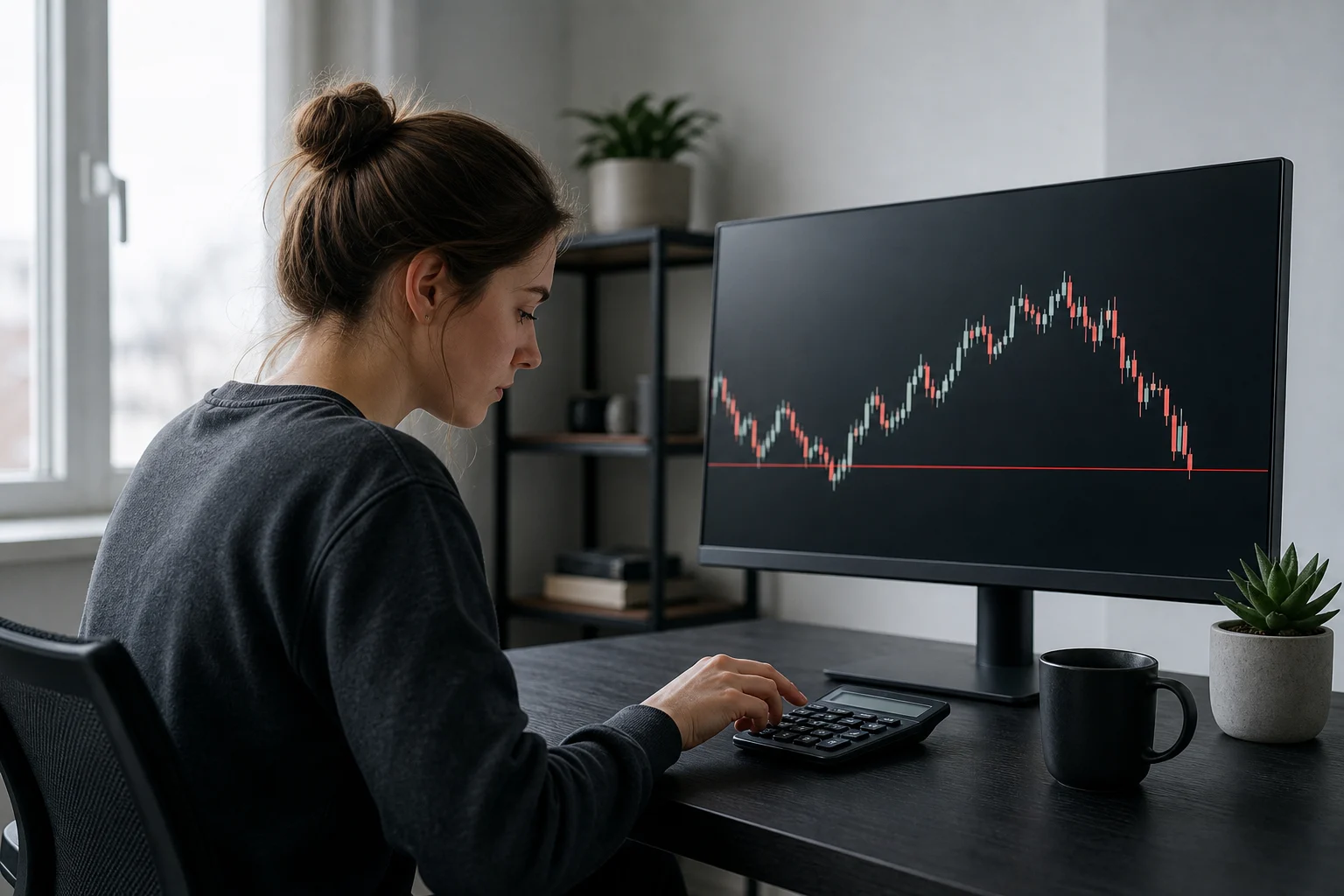 Trader calculating position size beside a futures chart with a drawdown threshold