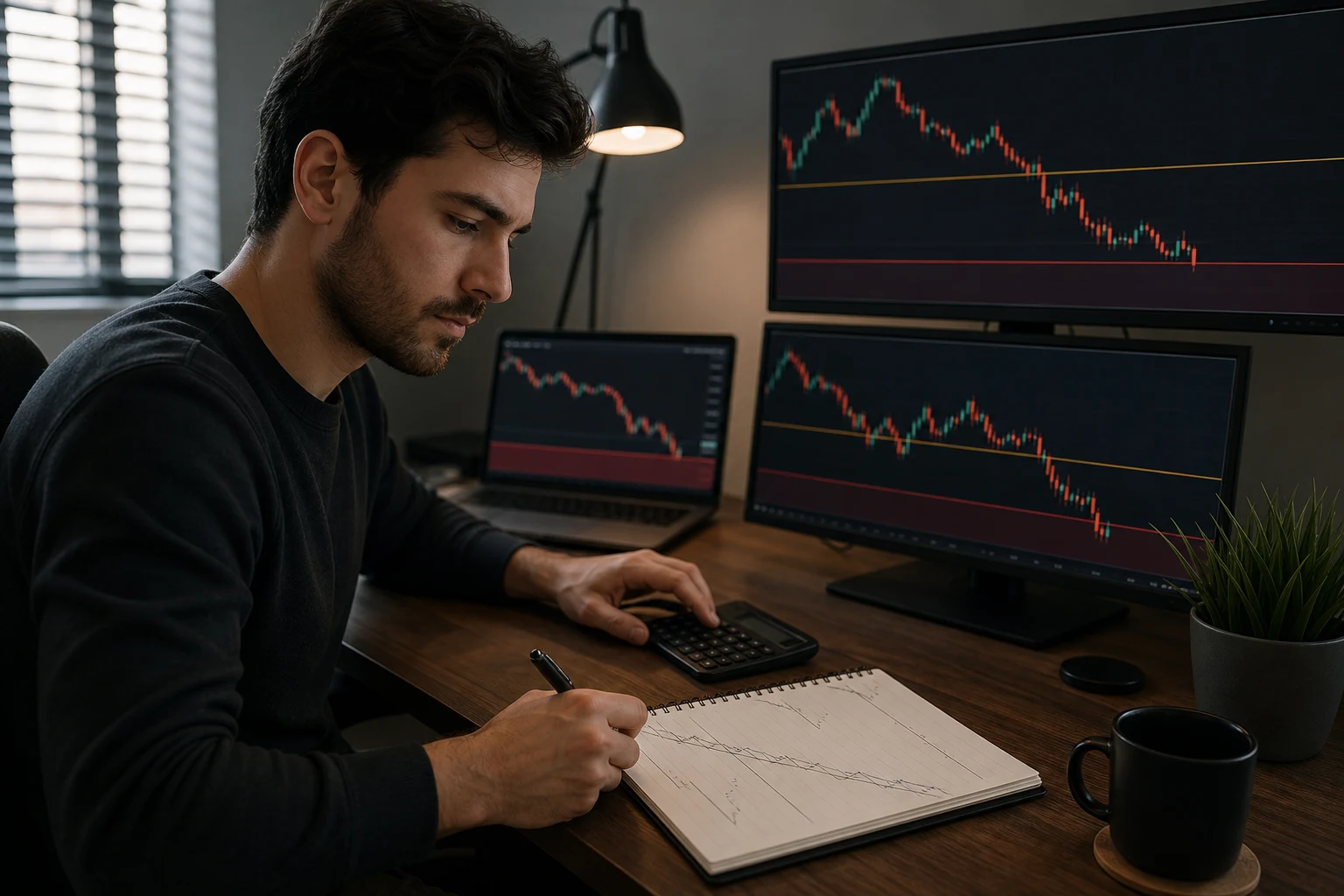 Futures trader tracking drawdown risk with a journal and calculator at a trading workstation
