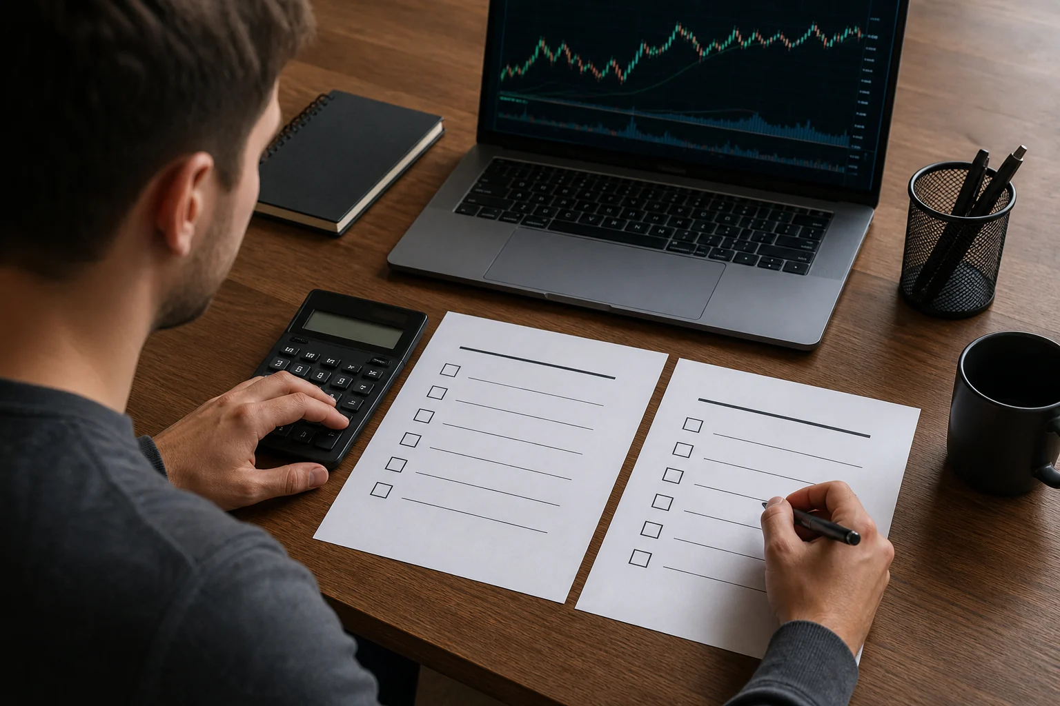 Trader comparing two prop firm cost checklists with a calculator