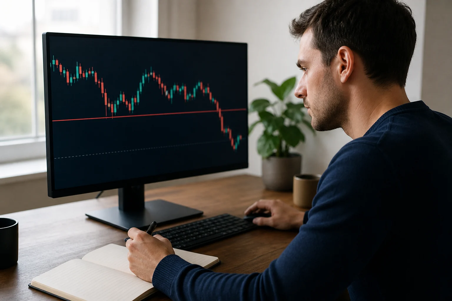 Trader reviewing a futures chart and drawdown risk boundary