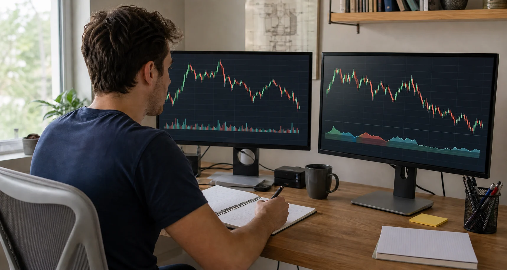 Trader comparing crypto and futures market charts at a home workstation