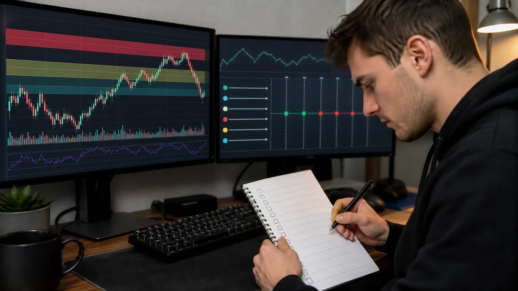 Trader reviewing drawdown and payout rules with a blank checklist