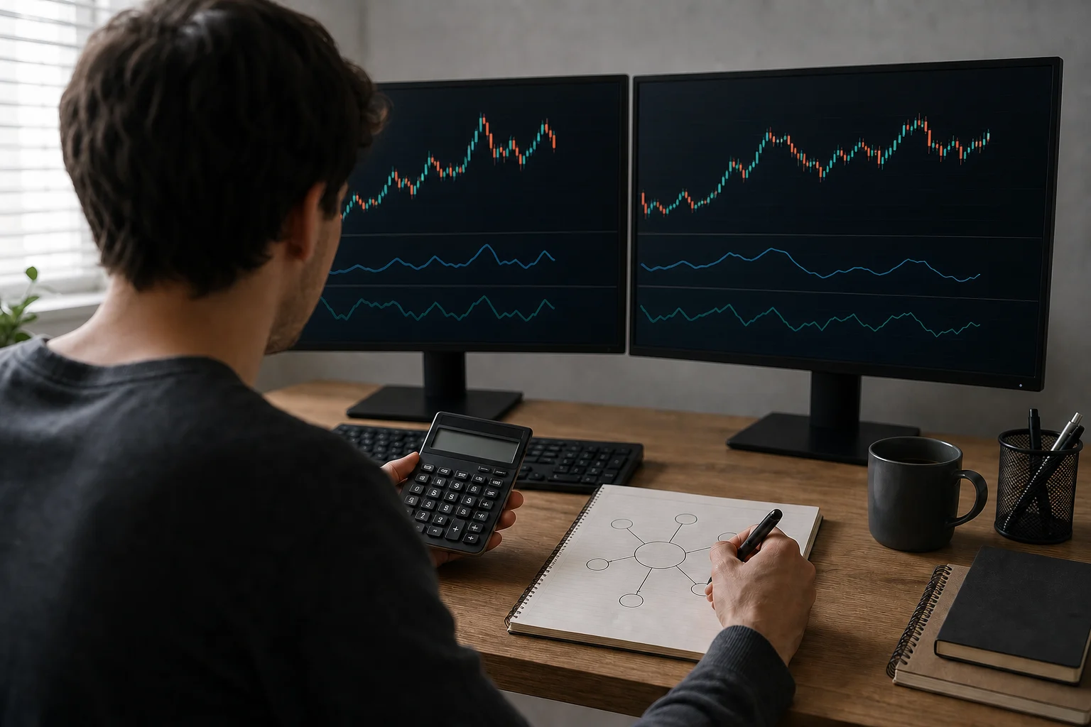 A trader uses a calculator to compare spread, commission and holding costs across unlabeled charts.