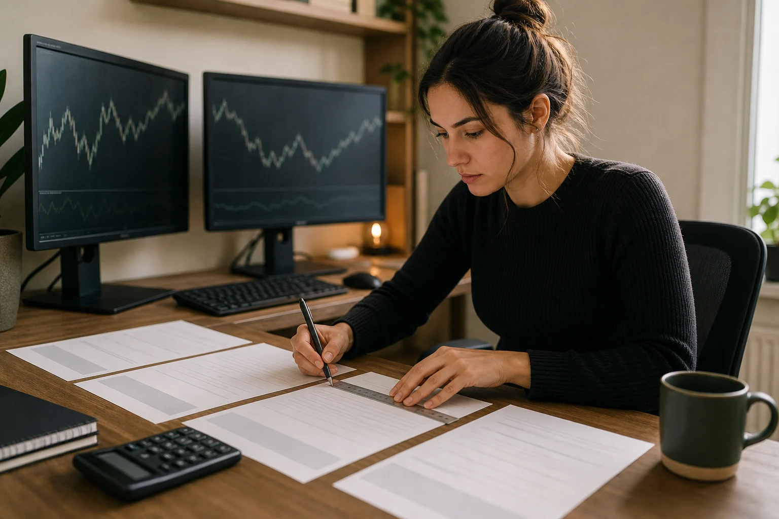 Trader comparing forex prop firm rules with worksheets and a calculator