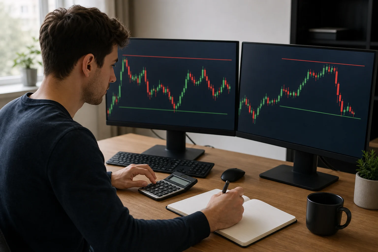 Young trader compares crypto chart risk boundaries with a calculator at a dual-monitor workstation.