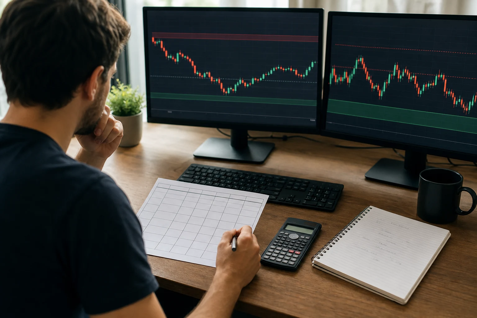 Trader comparing simulated prop firm trial rules with a blank paper checklist and calculator