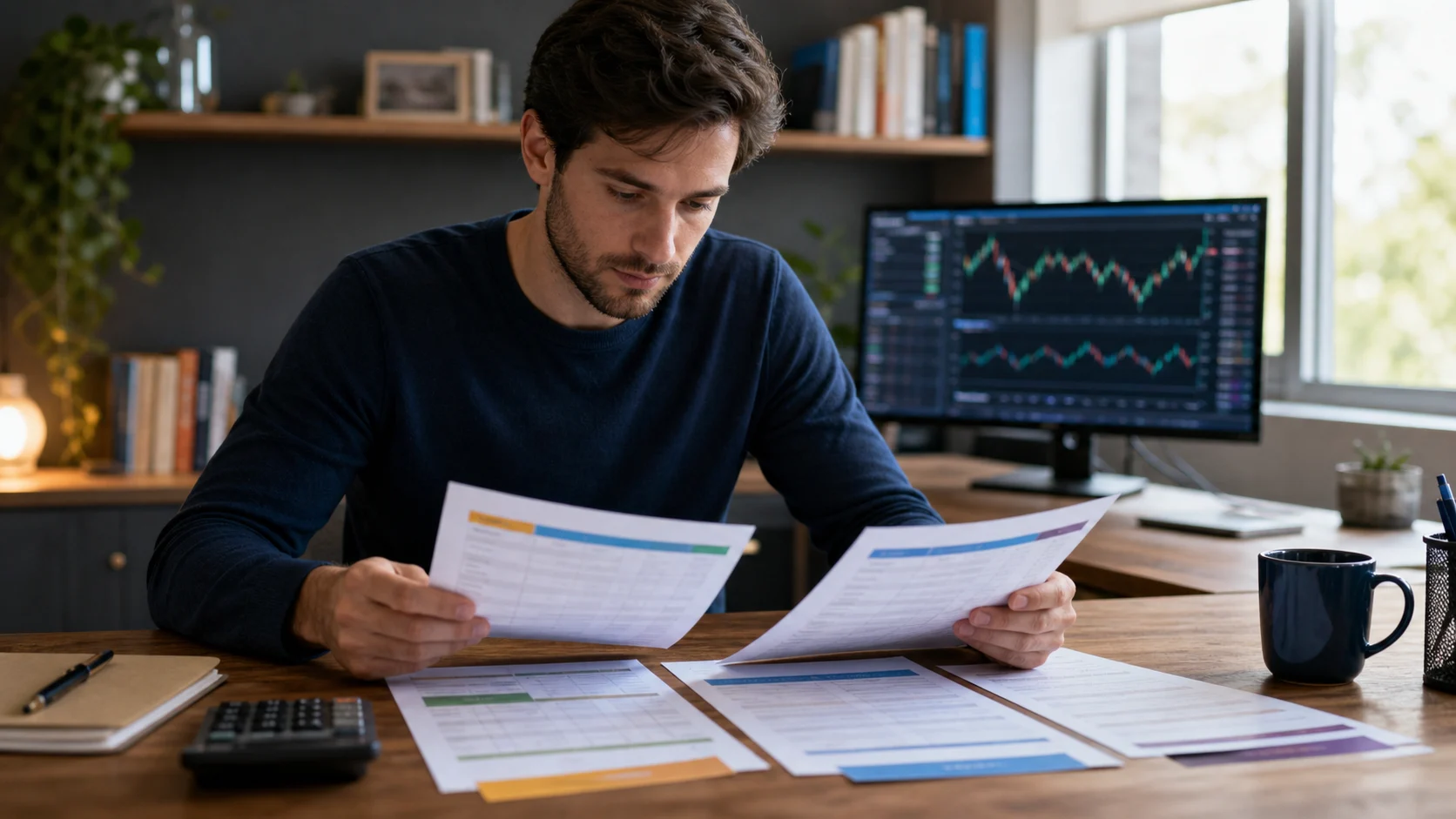 Trader comparing futures evaluation reset plans and recurring costs at a home workstation