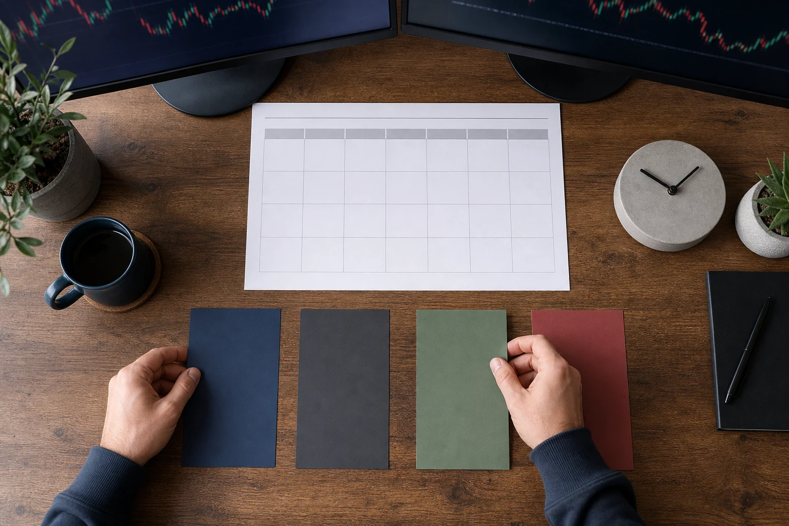 Trader organizing blank rule cards beside a weekly calendar grid and market charts