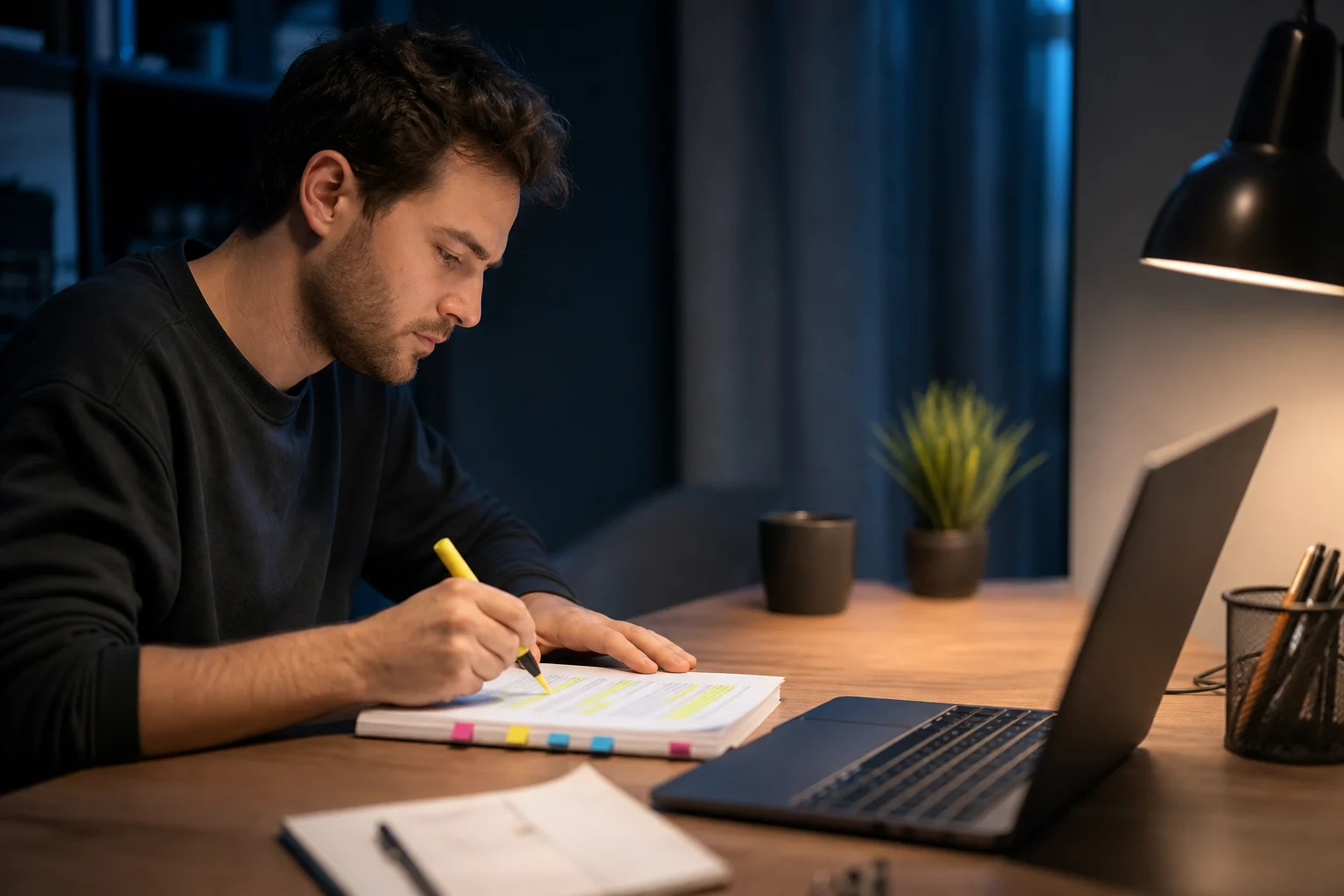 Trader highlights program terms while reviewing a crypto prop firm contract at a laptop.