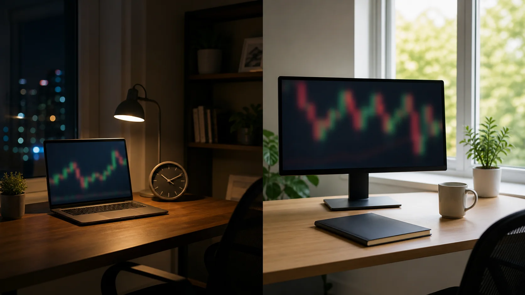 Night and daytime trading workstations comparing market access schedules