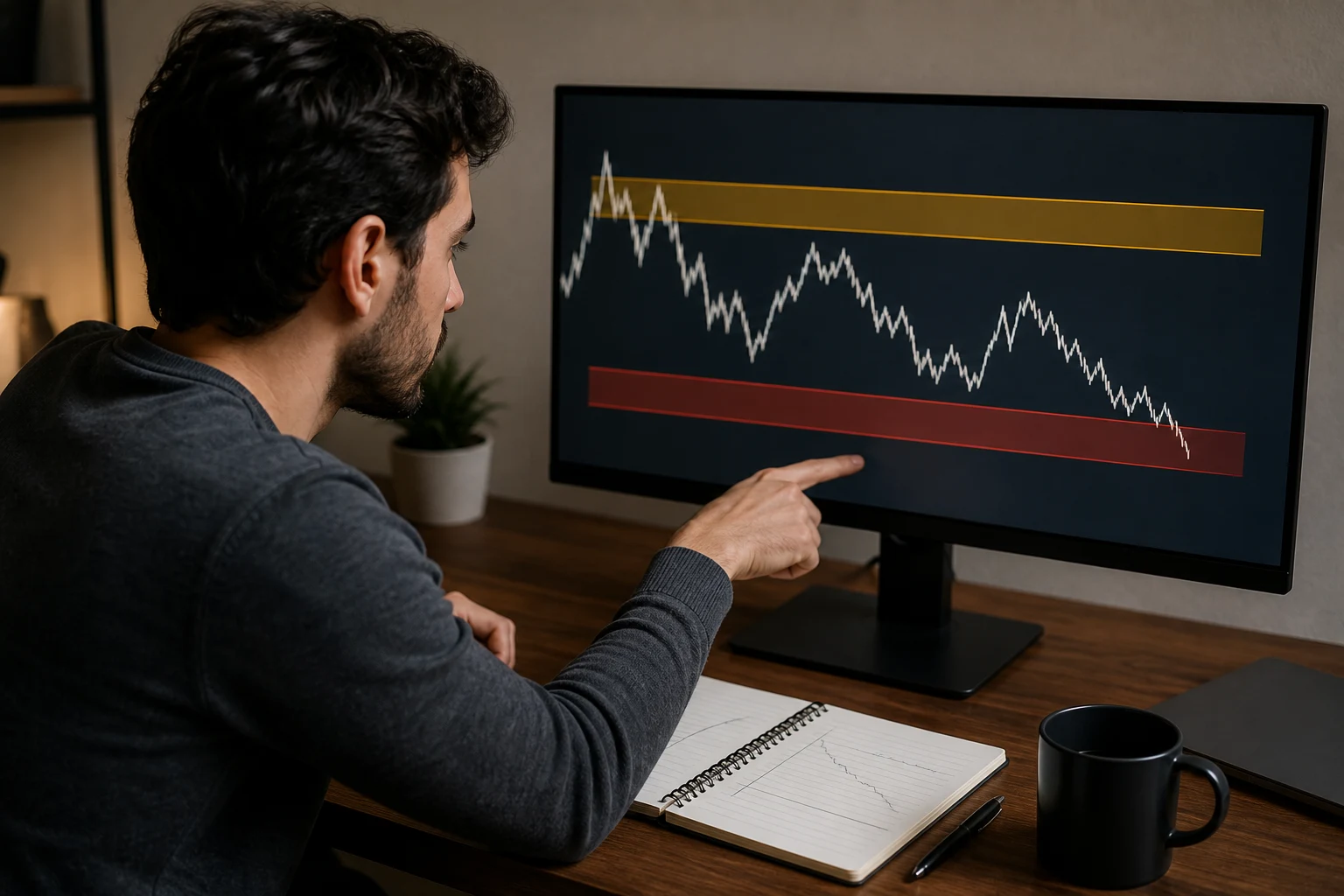 Trader pointing to separate session and overall drawdown risk bands on a monitor