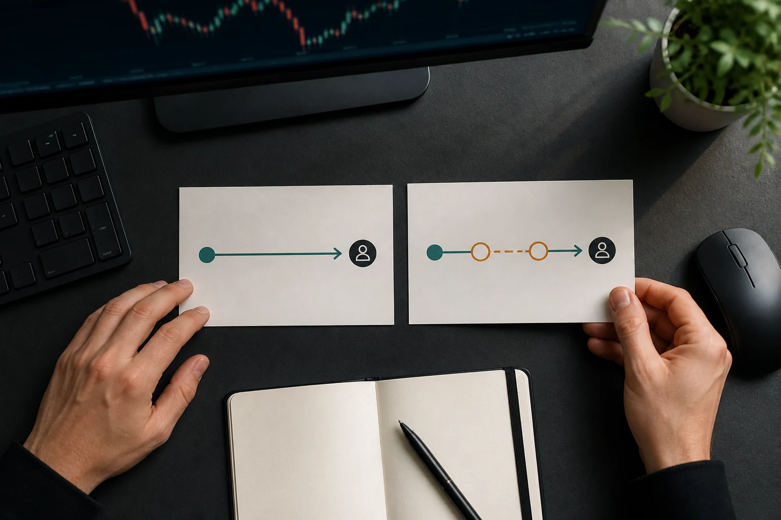 Two route cards compare direct account access with a staged evaluation path at a trader's desk