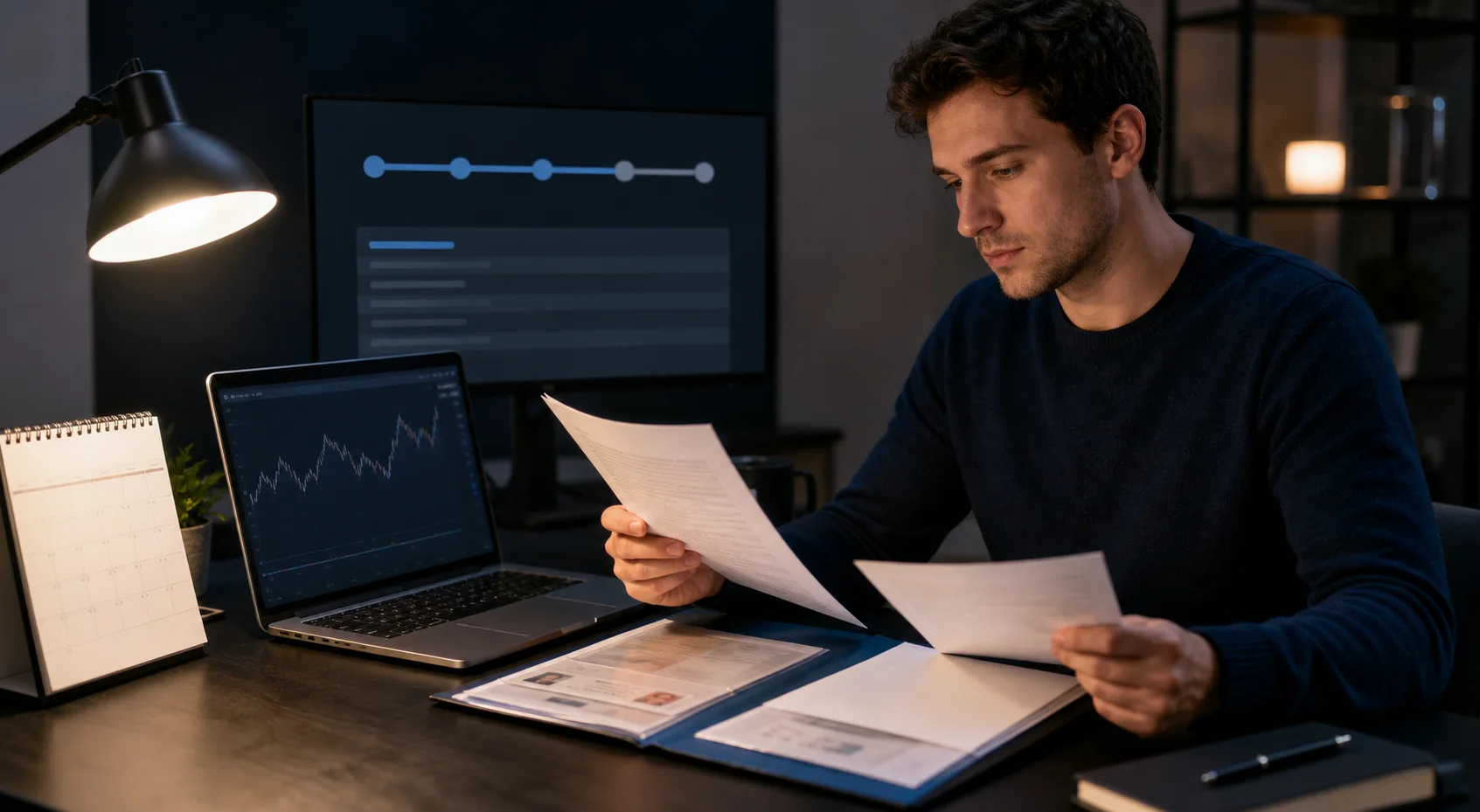 Trader reviewing payout documents and a calendar beside a trading laptop