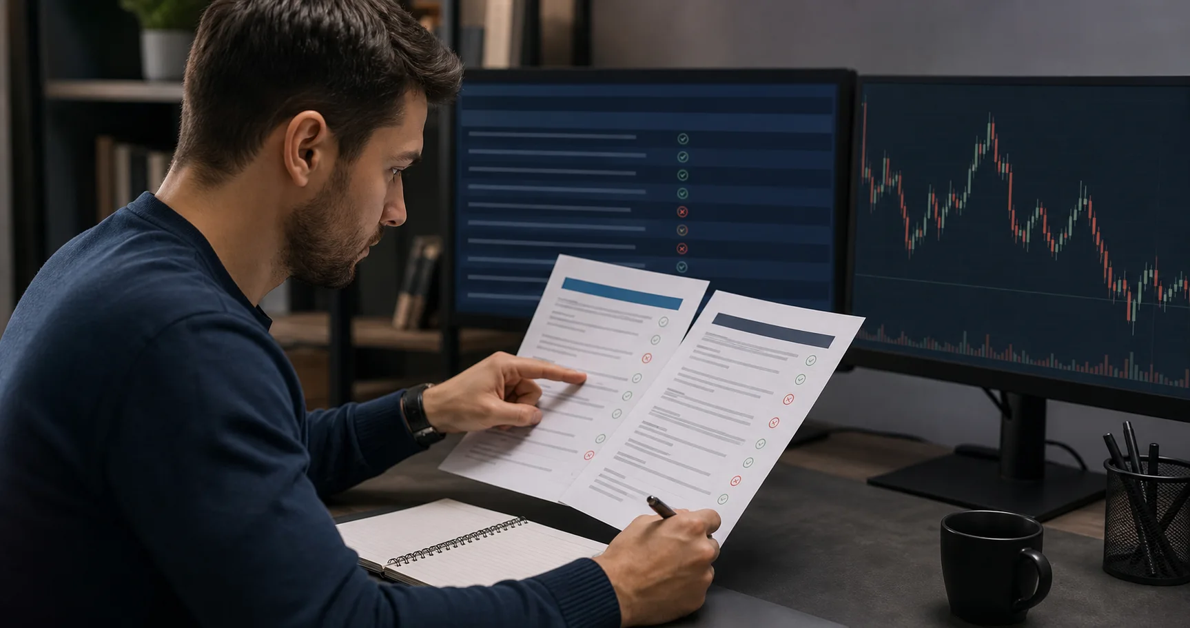 Trader comparing two prop firm rule documents at a trading workstation