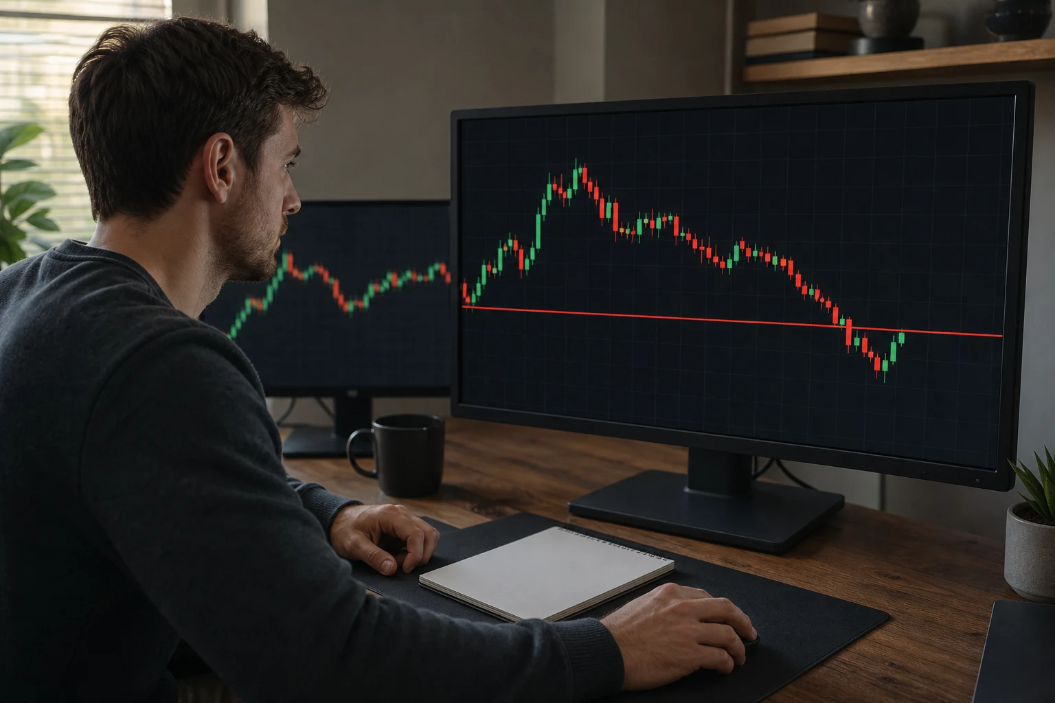 Trader monitors an unlabeled market chart against a horizontal drawdown risk boundary
