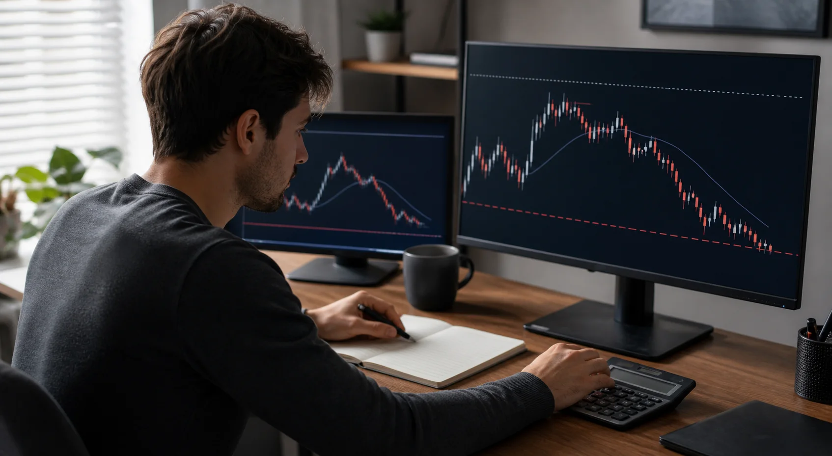 Trader reviewing drawdown risk with a calculator beside market charts