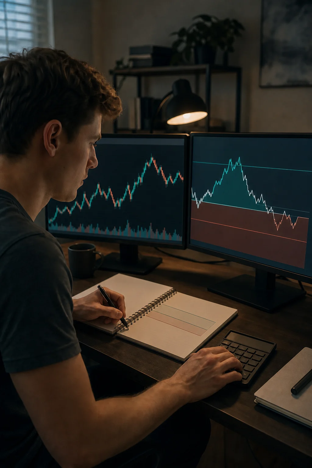Trader tracking an unlabeled drawdown risk boundary at a futures trading workstation