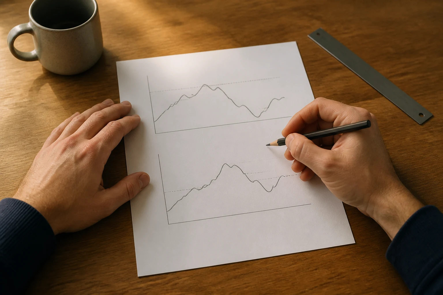 Hands sketching two unlabeled drawdown threshold scenarios on paper