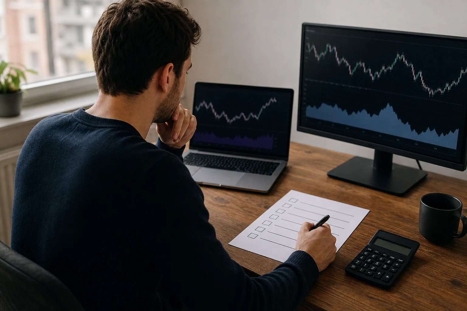 Trader using a blank rule checklist to compare prop evaluation terms