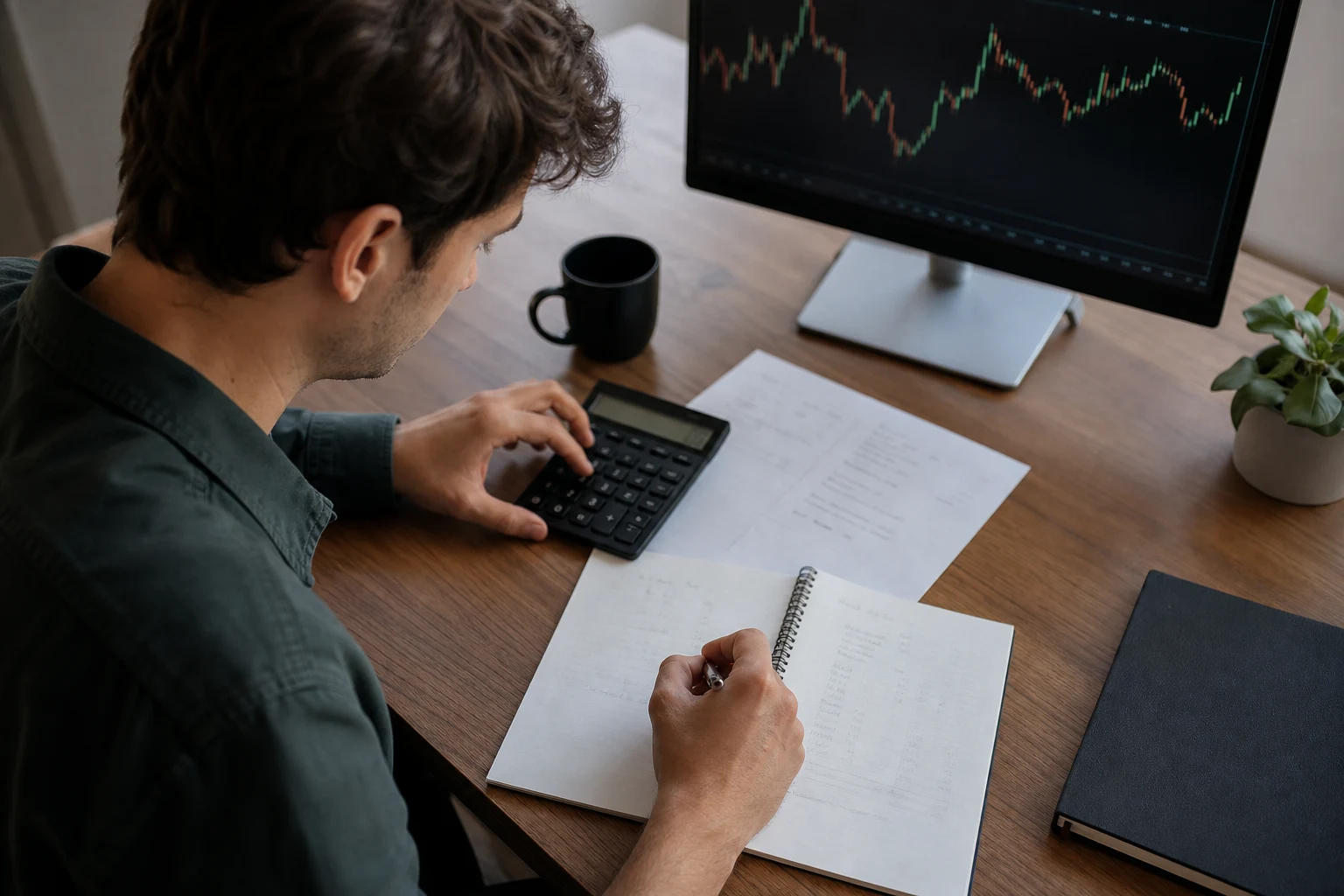 Trader calculating eligible profit, trader share, and payout charges at a desk