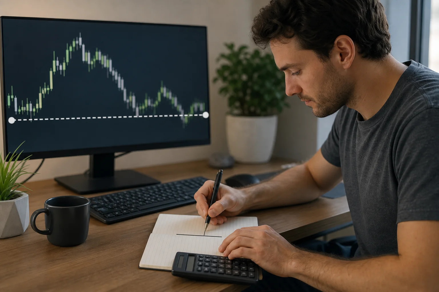 Trader calculating a drawdown limit beside a generic forex chart