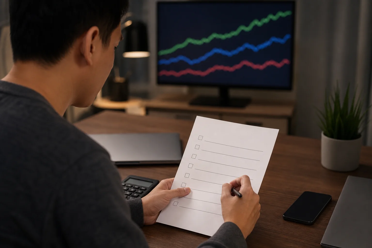 Trader reviewing a blank funded account verification checklist at a desk