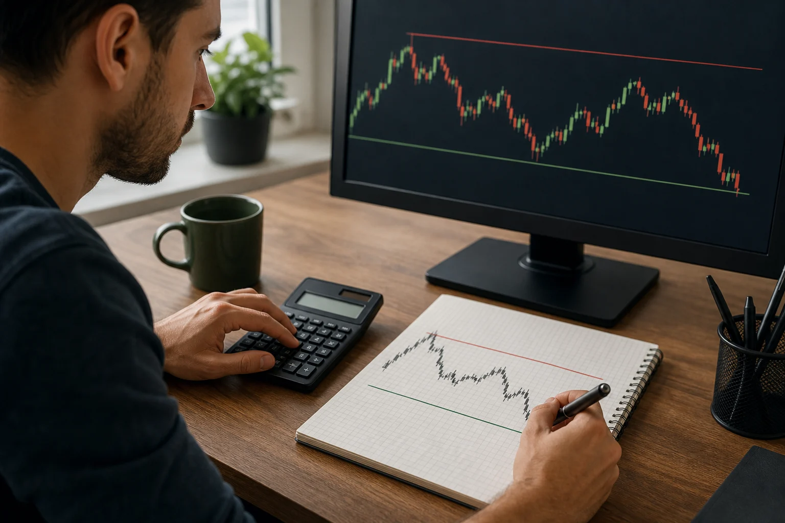 Trader modeling drawdown limits with a calculator and risk chart