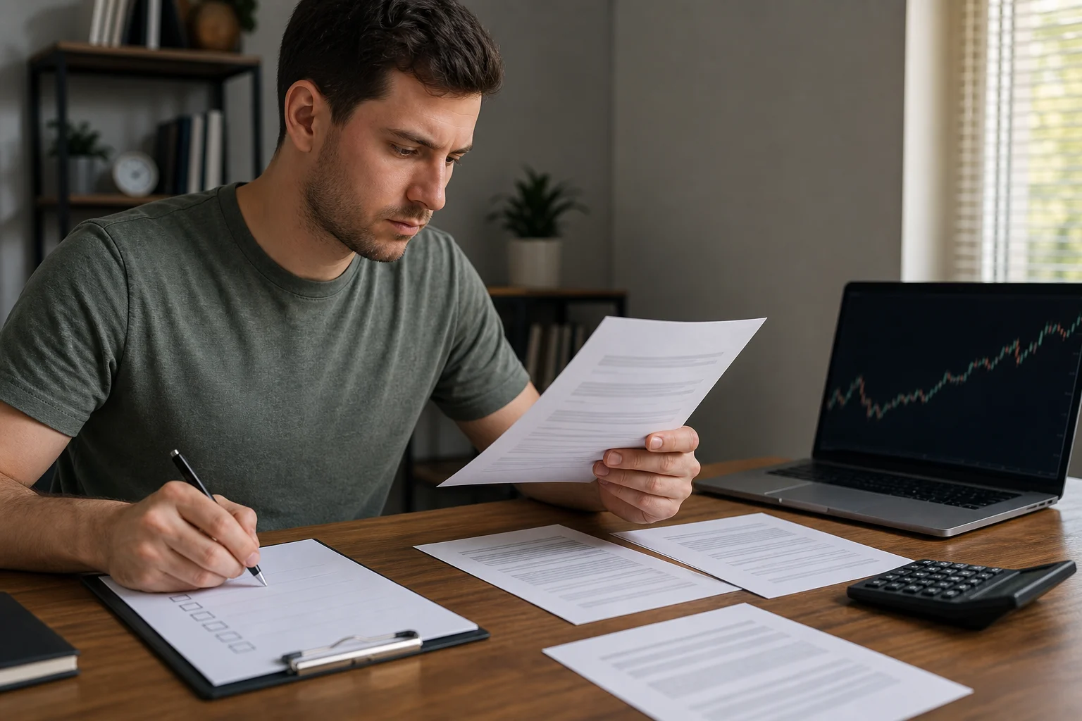 Trader reviewing payout terms and a forex prop firm checklist