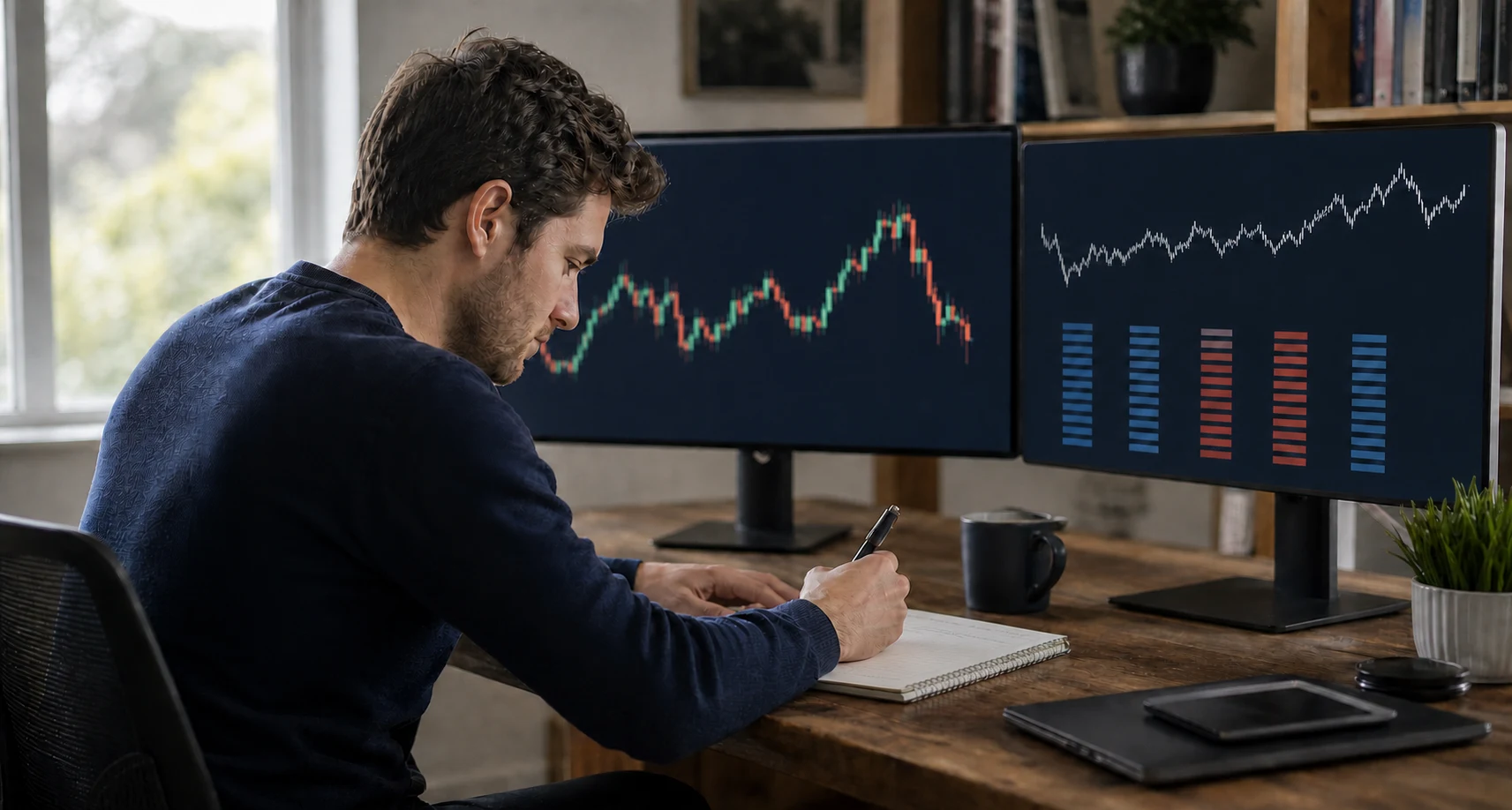 Trader recalculating position size while comparing CFD and futures market charts