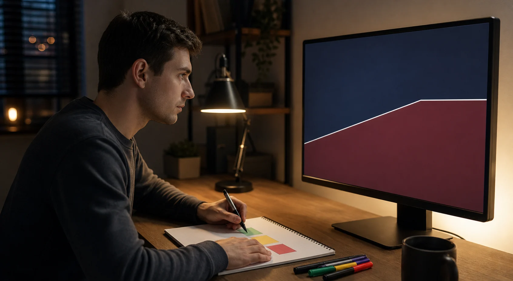Trader reviewing an abstract risk limit boundary at a home workstation