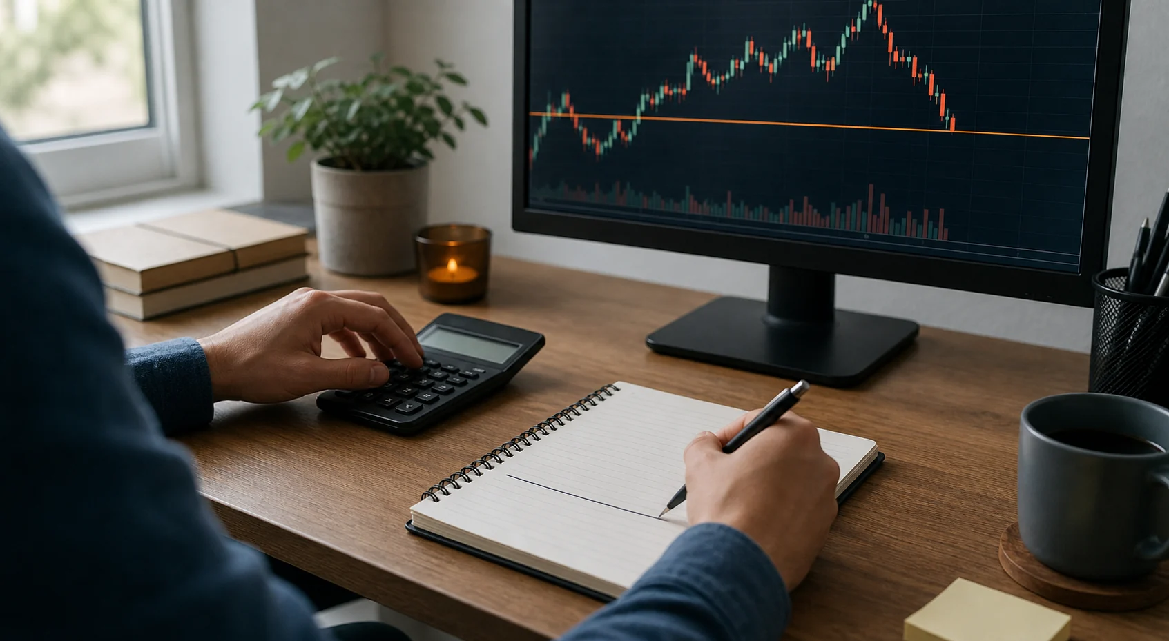 Trader marking a risk boundary beside a futures chart and calculator