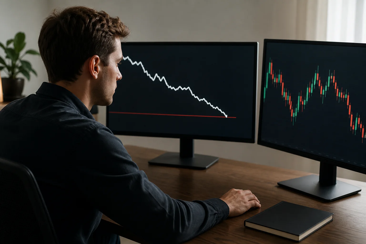 Trader monitoring an equity curve near a drawdown limit while reviewing payout risk