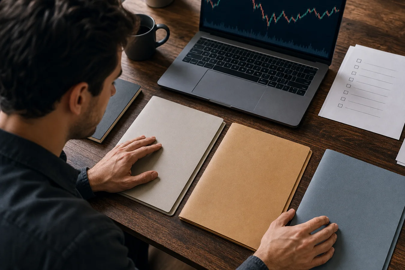 Trader comparing three unbranded evaluation program folders beside a futures chart