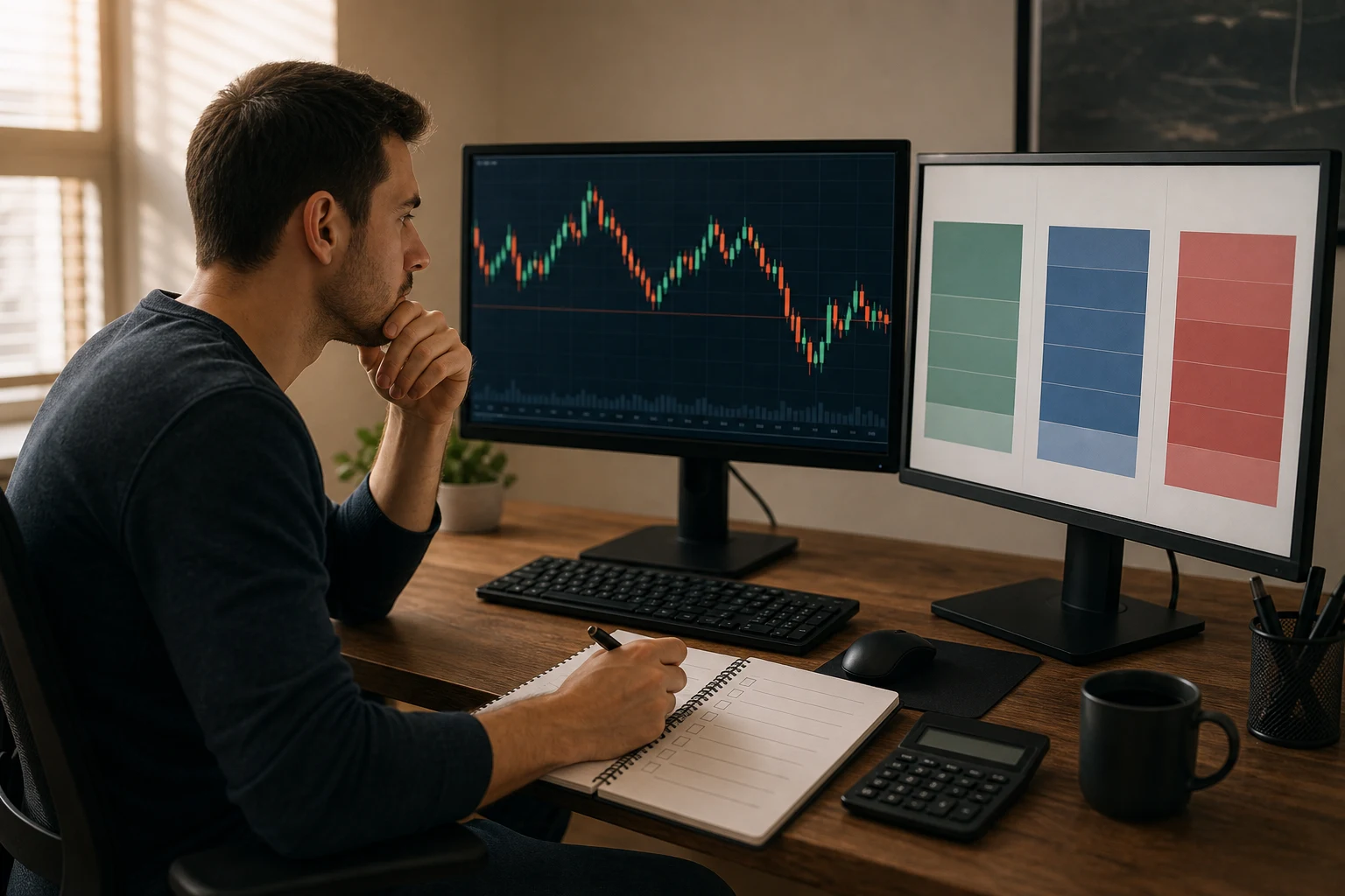 Futures trader comparing contract-limit tiers beside a neutral market chart