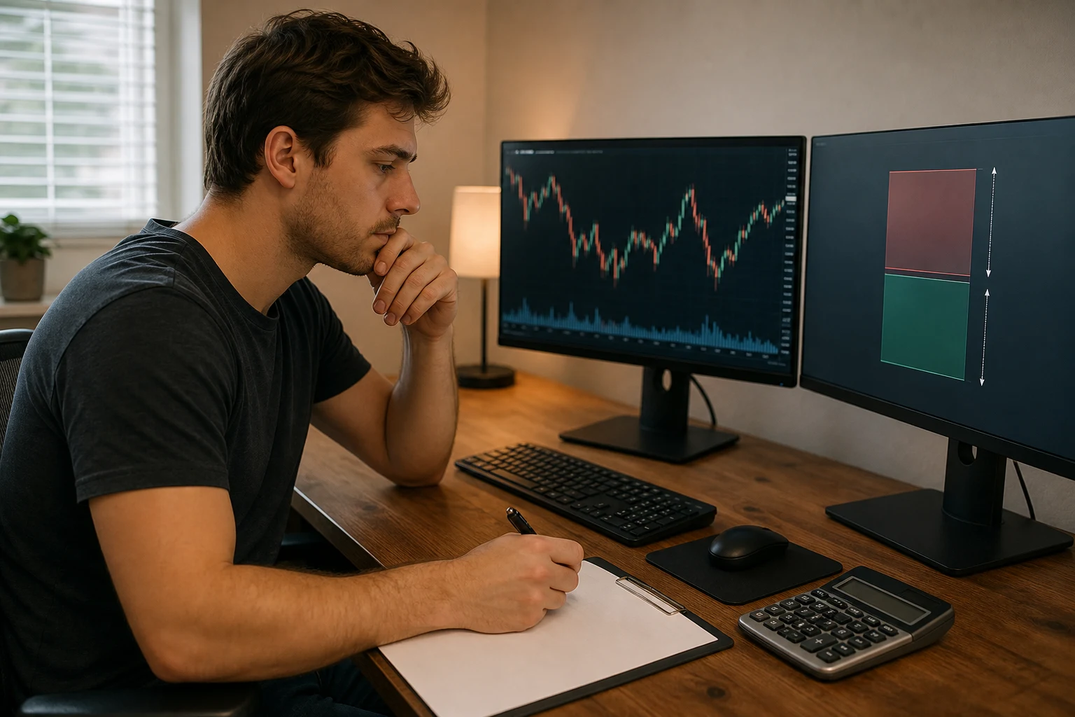 Futures trader reviewing stop distance and position size with a calculator