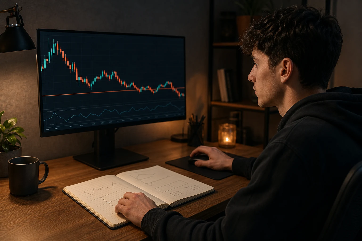 Futures trader reviewing drawdown risk beside a position chart