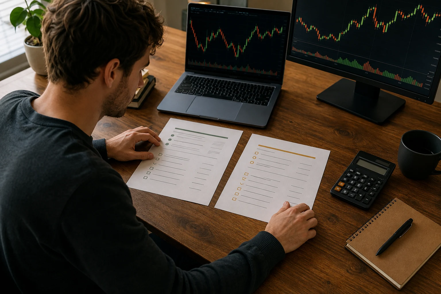 Trader compares two futures prop firm evaluation rule sheets at a home workstation
