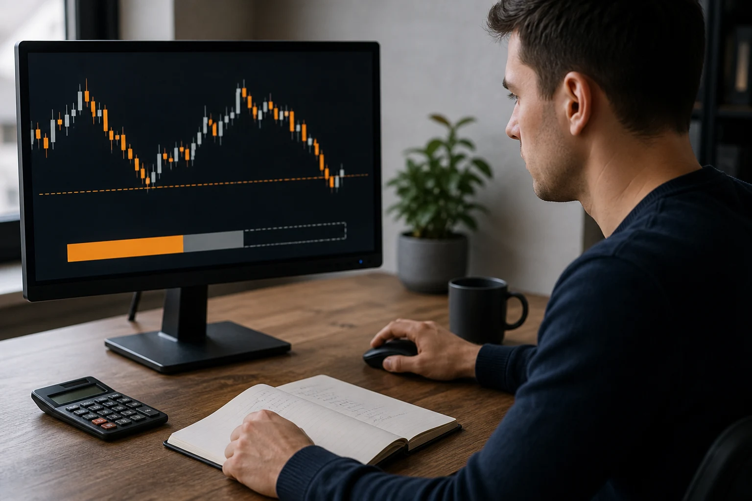 Trader checks a drawdown boundary and position size before a futures evaluation trade