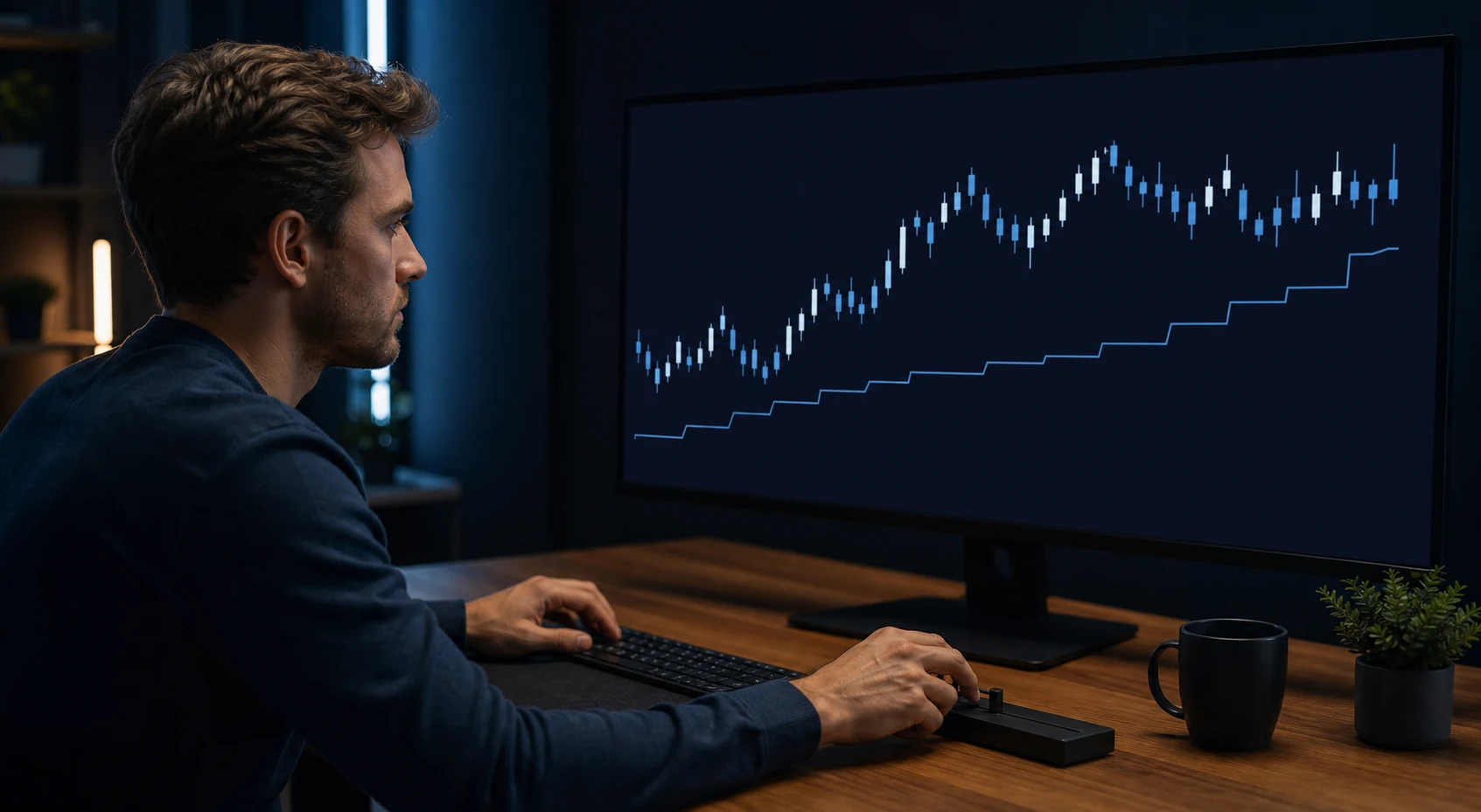 Trader monitoring a stepped trailing drawdown threshold on an unlabeled chart